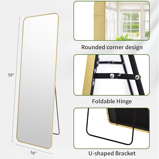BEAUTYPEAK 59" x 16" Rounded Corner Full Length Mirror with Stand, Gold | Aluminum Alloy Frame with Standing, Leaning, or Wall-Mounted, Ideal for Bedroom, Dressing Room, Entryway, and Living Room