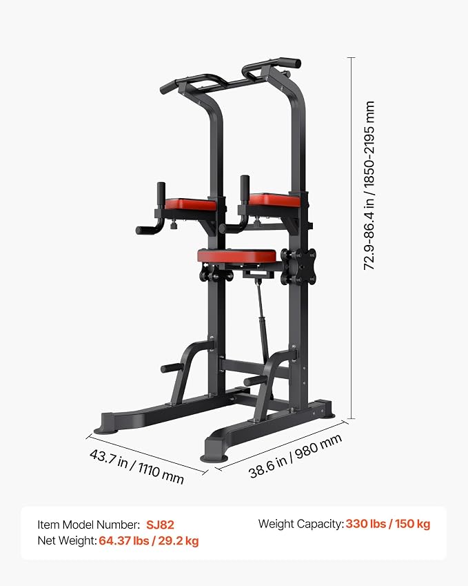 VEVOR Pull Up Bar, 330 LBS Power Tower Dip Station, Workout Dip Station with H-Shaped Stable Base & Assistance Platform, Adjustable 9 Level Height Pullup Stand for Back, 3-Level Adjustable Elbow Pads