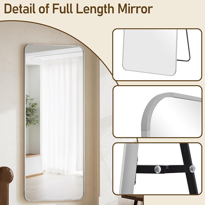 BEAUTYPEAK 65" x 24" Rounded Corner Full Length Mirror with Stand, Silver | Aluminum Alloy Frame with Standing, Leaning, or Wall-Mounted, Ideal for Bedroom, Dressing Room, Entryway, and Living Room