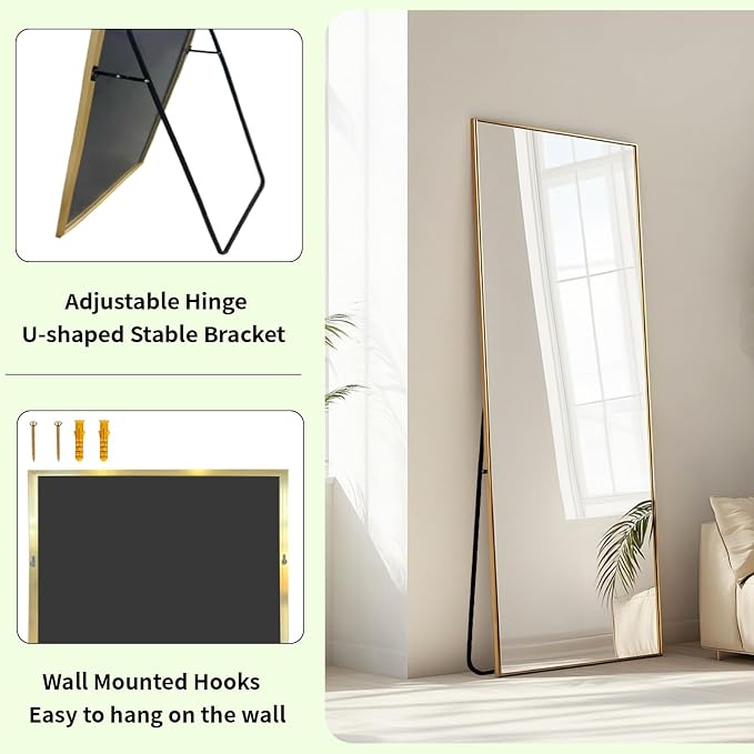 Gold Floor Mirror 48x16 inch, Full Body Mirror, Metal Frame | Brushed Gold Metal Frame, No Distortion, Rust-proof, Floor Mirrors for Nursery, Baby Room, Entryway, Party, Dressing Room