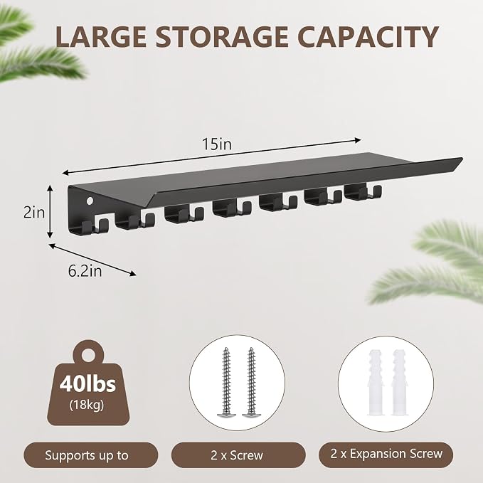 Floating Shelf Organizer, Space Saving Home Gym Storage Rack,Black | Workout Metal Holder with Hooks, Multi Purpose Wall Shelves for Fitness Equipment, Towel, Water Bottle