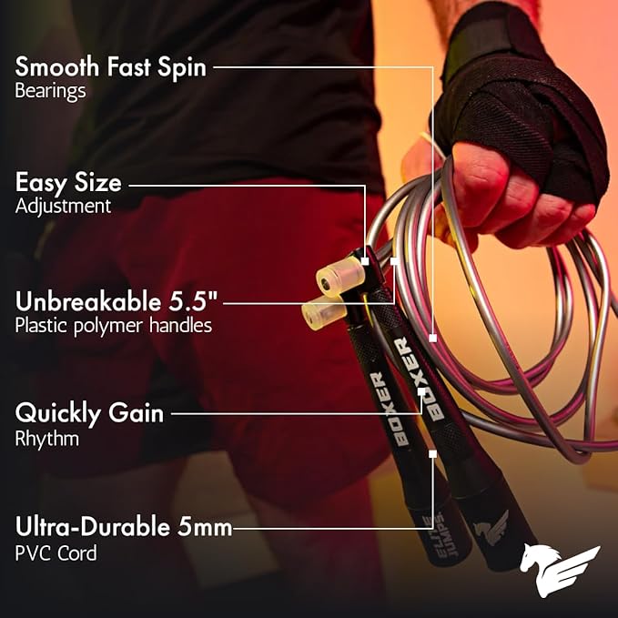 EliteSRS 10 Foot Outdoor Rated 5Mm Pvc, Boxer Jump Rope 3.0 with Smooth Action Polymer Handles and Ergonomic Slip-Resistant Dimpled Grips | Professional boxing rope. Smooth-action handles with slip-resistant grips. Fitness and cardio.