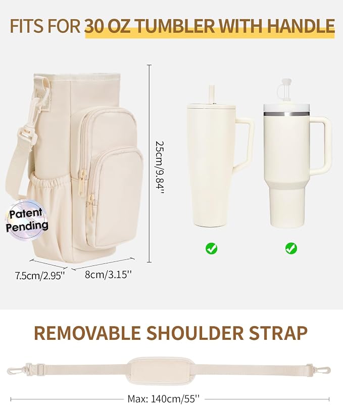 sportsnew 30/40oz Crossbody Water Bottle Holder Anti-Tip Tumbler Carrier | Lightweight Bottle Sling Fits Handled Tumbler w/ Phone Pocket, Adjustable Strap, Insulated Lining, Hands-free for Hiking Gym