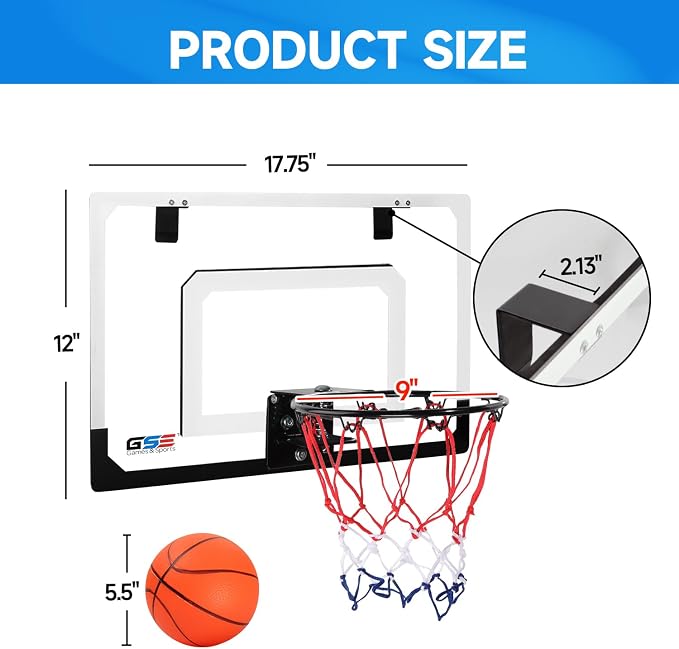 GSE Over-The-Door Basketball Hoop with Basketball & Pump, for Home & Office | Wall-Mounted Basketball Hoop Complete Accessories, Clear Impact-Resistant PC Backboard, PVC Basketball, Several Style Choice