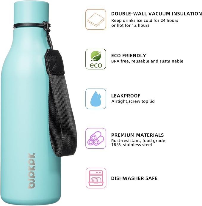 BJPKPK 18oz Insulated Water Bottle, Stainless Steel Bottle with Carry Strap | Keep Cold & Hot Vacuum Insulation, Leak-Proof BPA-Free Design, Slim Bottle Fits Most Cup Holders for Gym, Office & Travel