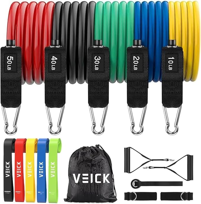 VEICK 10-150LBS Resistance Bands with Handles, Ankle Straps, Door Anchor | Accredited Lab Certified, 100% Natural Latex, Versatile for Yoga, Pilates, Strength, Home Gym