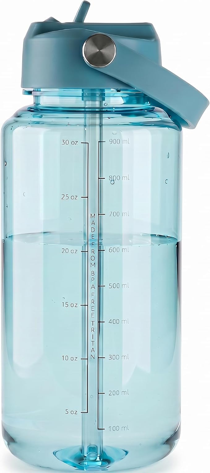 OLDLEY 32oz Water Bottle with Straw,Leakproof Tritan Clear Bottle with Marked Bottle and Carry Handle, BPA-Free Wide Mouth Reusable Sports Water Bottle for Gym,Hiking, Camping,Travel,Workout,Surfer