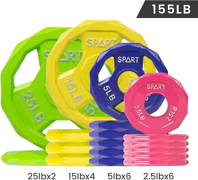 SPART Color Coded Weight Plate 2-Inch Cast Iron Tri-Grip Plate for Barbell,Solid Cast Iron Olympic Weight Plates for Strength Training, Weightlifting, Crossfit, 2.5/5/10/15/25/35/45LB, Single/Pair/Set