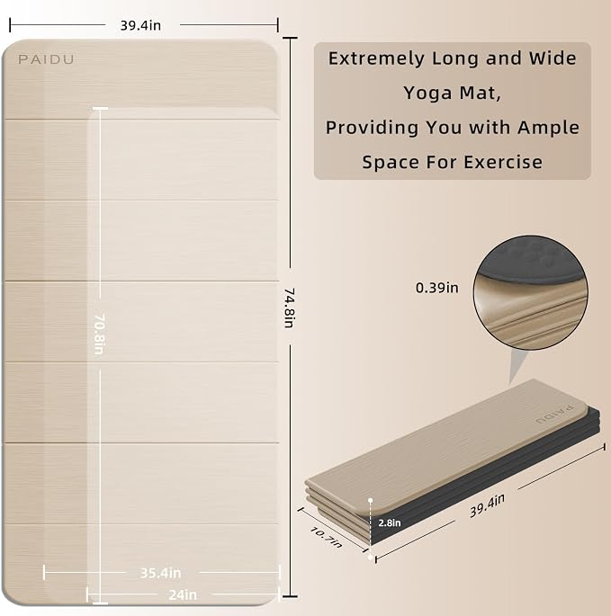 PAIDU Foldable Yoga Mat (10MM) 75‘’x40‘“ Quick Fold，Easy Storage | TPE Non-Slip Design, Ea Extra Long/Wide for Indoor Yoga, Pilates and Outdoor Travel Workouts
