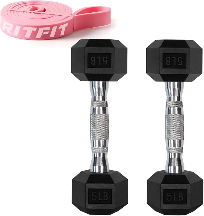 RitFit Rubber Coated Hex Dumbbell Weights Set for Home Gym | Cast Iron Core, Anti-Slip Knurled Chrome Handle, Hexagon Anti-Roll, Heavy-Duty Dumbbell Set for Strength Training