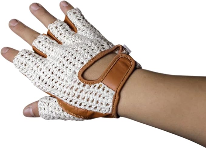 Retro Leather Crochet Cycling Gloves - Classic Tan