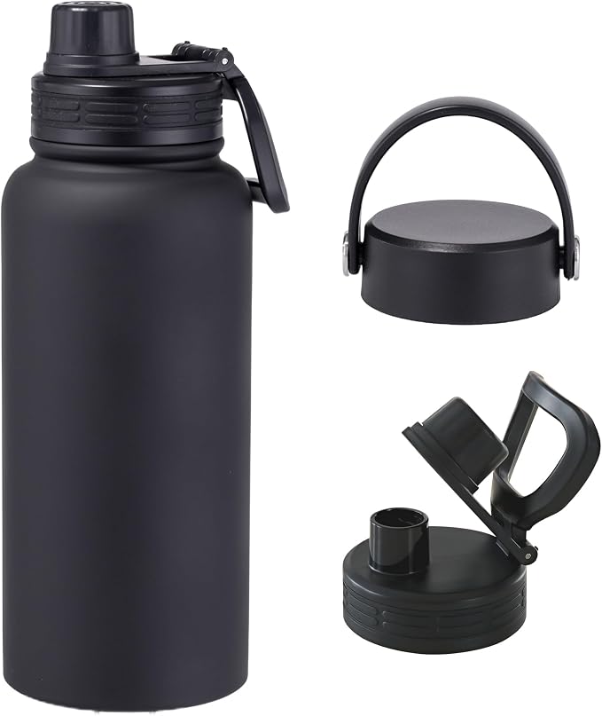 Black Insulated 32 oz Metal Leakproof Water Bottle | Mens Stainless Steel Water Flask, Large Sports Travel Water Bottle for Gym,Hiking,1 liters Thermal Bottle with 2 Lids