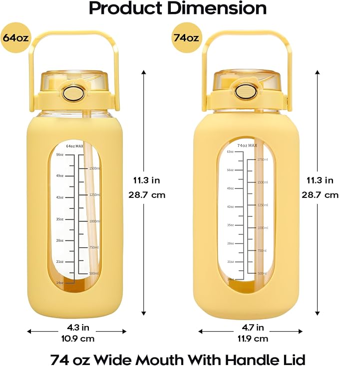 chunmo 74 oz Glass Water Bolttles with Straw Large Motivational Water Bottle with Time Marker Sports Water Bottles with Silicone Sleeve and Handle Lid 2.2L Water Jug for Gym Workout