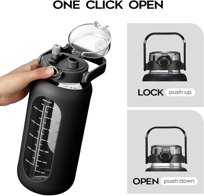 chunmo 74 oz Glass Water Bolttles with Straw Large Motivational Water Bottle with Time Marker Sports Water Bottles with Silicone Sleeve and Handle Lid 2.2L Water Jug for Gym Workout