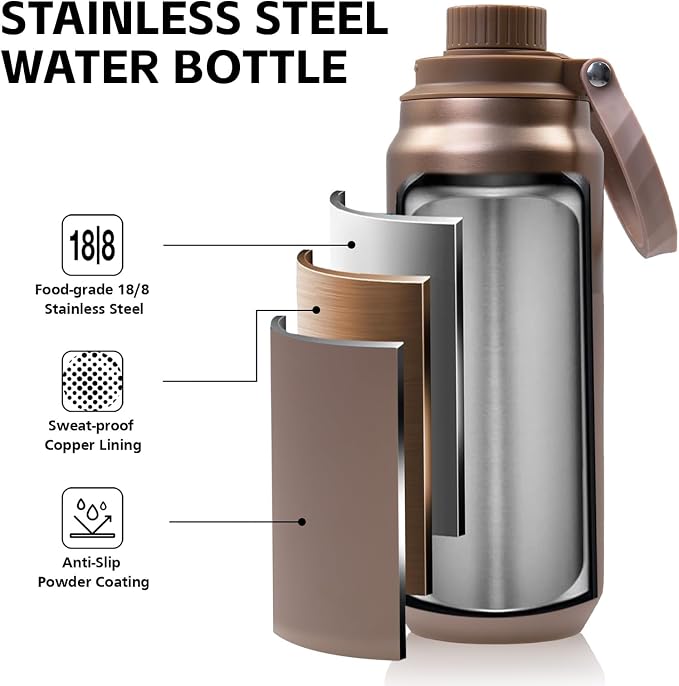 Greylock 20 oz Insulated Water Bottle with Straw Lid, Reusable Stainless Steel Sports Water Bottles with Foldable Handle, Leak Proof, Double-Wall Vacuum Insulation, 24 Hours Cold (Sunset Bronze)
