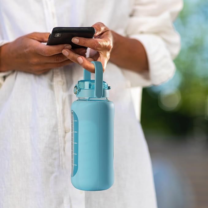 42 oz Glass Water Bottle with 2-in-1 Straw Lid Large Half Gallon Water Bottle with Time Marker & Removable Silicone Sleeve,Wide Mouth BPA-Free Borosilicate Bottle for Gym, Workout & Daily Use