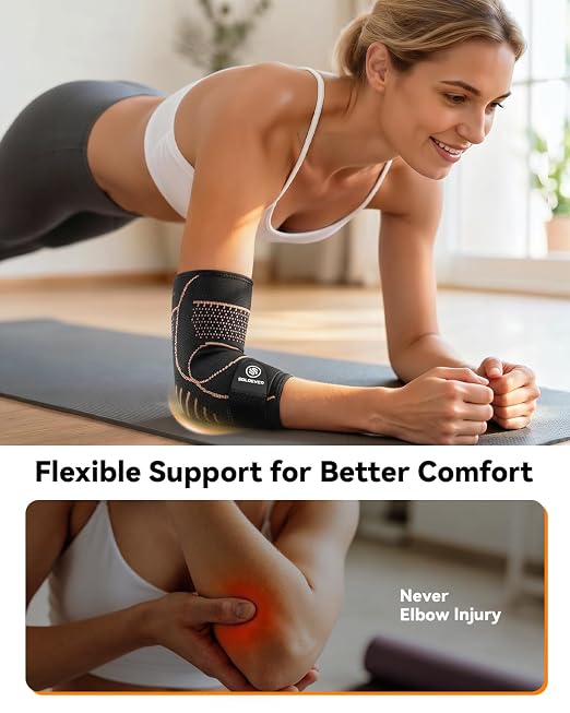 Copper Elbow Compression Sleeve for Tennis Elbow, Tendonitis, Golfers | Medical Elbow Brace with Adjustable Strap, Targeted Support for Weightlifting, Arthritis, Bursitis - Fit for Men & Women