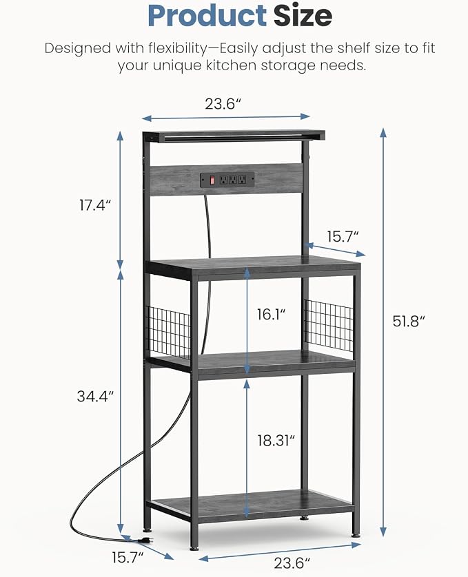 DUMOS 23.6" Bakers Rack with Power Outlet for Kitchen Organization | Microwave Stand with 3 AC Outlets, On/Off Switch and 6.5ft Power Cord, 3 Open Tiers and Adjustable Middle Shelf, Classic Grey