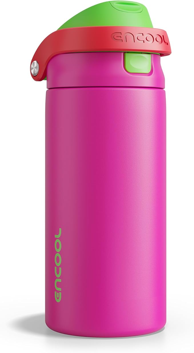 ENCOOL Leakproof Insulated Water Bottle with Straw Dual-Sip Water Bottle Bag-Safe Design for Work, Commute & Gym – Keeps Drinks Cold All Day, 18 oz, Neon Pink