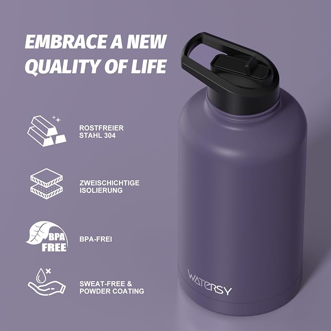 64oz Insulated Water Bottle (Cold for 48 Hrs),BPA Free&Leak Proof,Half Gallon Stainless Steel Water Flask,Water Jug with Straw Spout Lids for Gym,Hiking,Camping,Purple