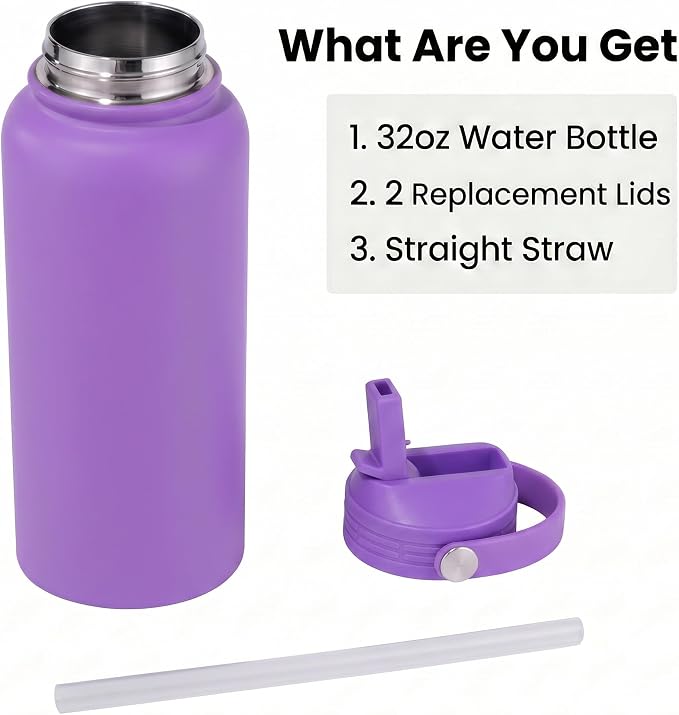 32 oz Insulated Metal Mens Water Bottle | Violet, Stainless Steel, 1 Liter, Leakproof, 2 Lids, Large Sports Water Bottle for Gym,Hiking