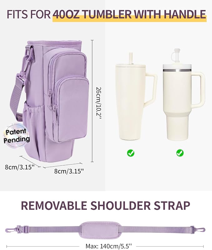 sportsnew 30/40oz Crossbody Water Bottle Holder Anti-Tip Tumbler Carrier | Lightweight Bottle Sling Fits Handled Tumbler w/ Phone Pocket, Adjustable Strap, Insulated Lining, Hands-free for Hiking Gym