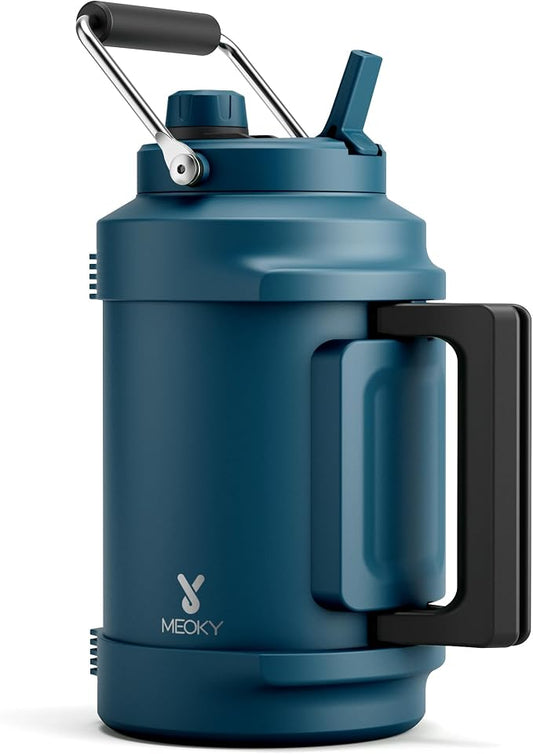 1 Gallon Insulated Water Bottle for Sports: Meoky 128 oz Triple Wall Vacuum Stainless Steel Water Jug - Top and Side Handles, Cold for 48 Hrs, 2-in-1 Straw and Spout Lid, Leak Proof for Hiking (Denim)