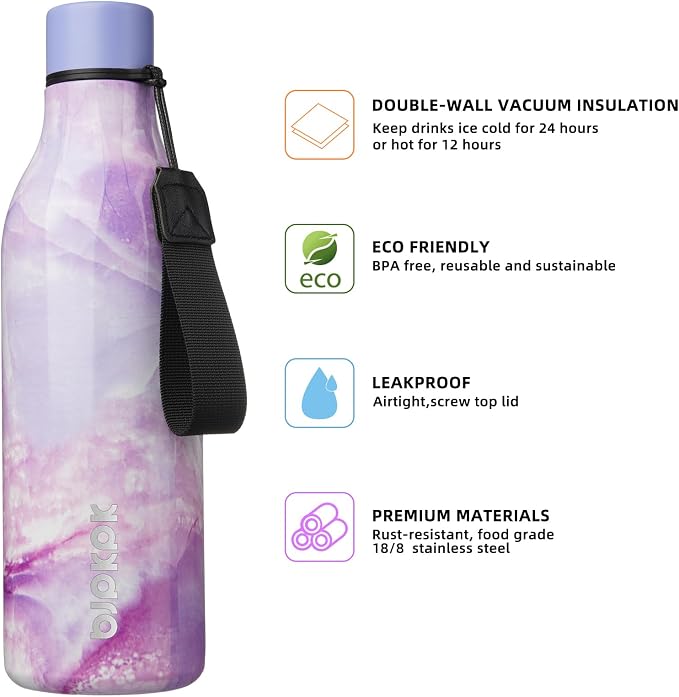 BJPKPK 25oz Insulated Water Bottle, Stainless Steel Bottle with Carry Strap | Keep Cold & Hot Vacuum Insulation, Leak-Proof BPA-Free Design, Slim Bottle Fits Most Cup Holders for Gym, Office & Travel