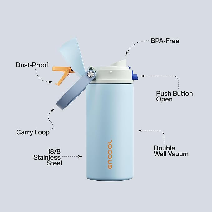 ENCOOL Insulated Water Bottle with Straw Stainless Steel Water Bottle with Push Button Lid, Leak-Proof & BPA-Free, Keeps Cold for 24 Hours for Sports, Travel, Gym (24 oz, Hazy Blue-Blue)