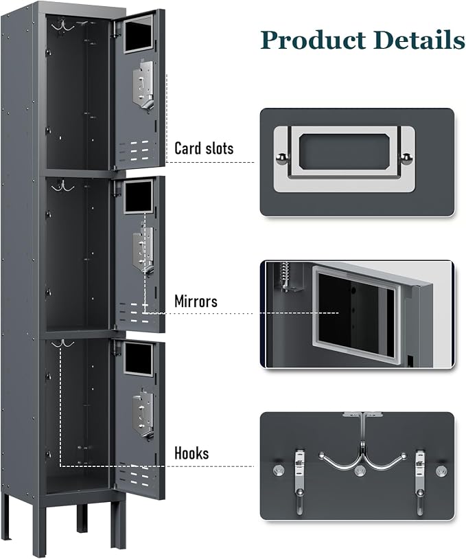 BUTISOW 3 Door Employee Metal Locker w/Card Slot for School Gym Office | Ventilated Metal Steel Locker with Mirror & Multi Hooks for Secure Storage
