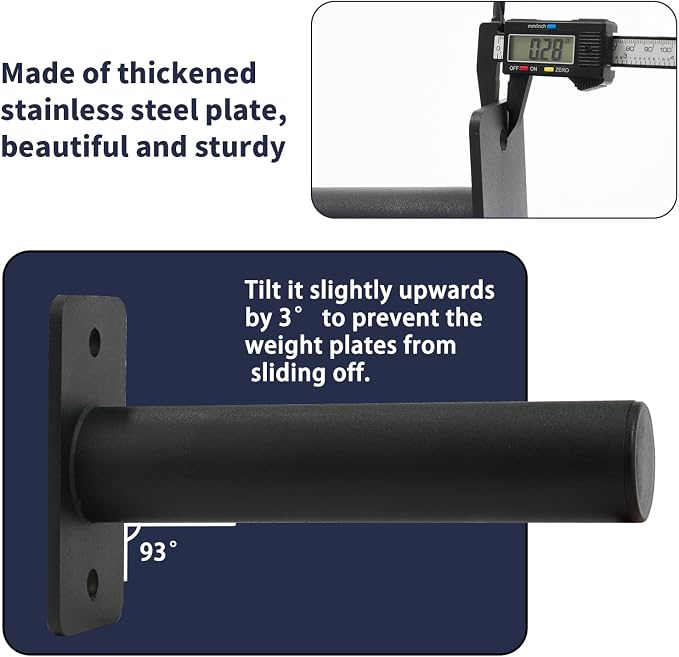 Wall Mounted Weight Plate Rack, Olympic Weight Plate Holder, 2-Inch | Heavy-duty steel organizer for home gym and garage gym use supports 275 lb with hardware for wood studs or concrete.