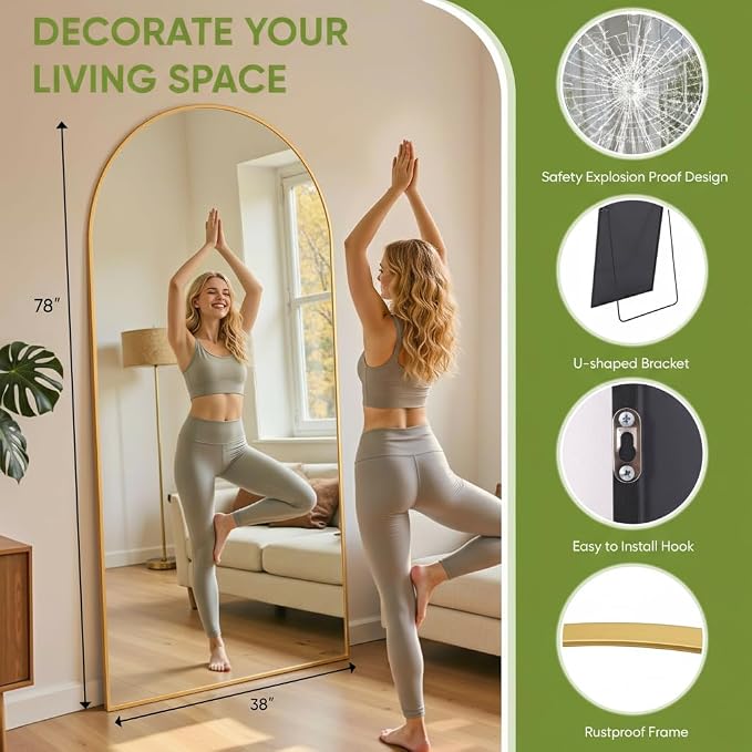 Full Length Mirror 78" L x 38" Full Body Standing Mirror for Bedroom, Living Room, Gym, Dorm - Shatter-Resistant & Easy Assembly, Arched Style Gold