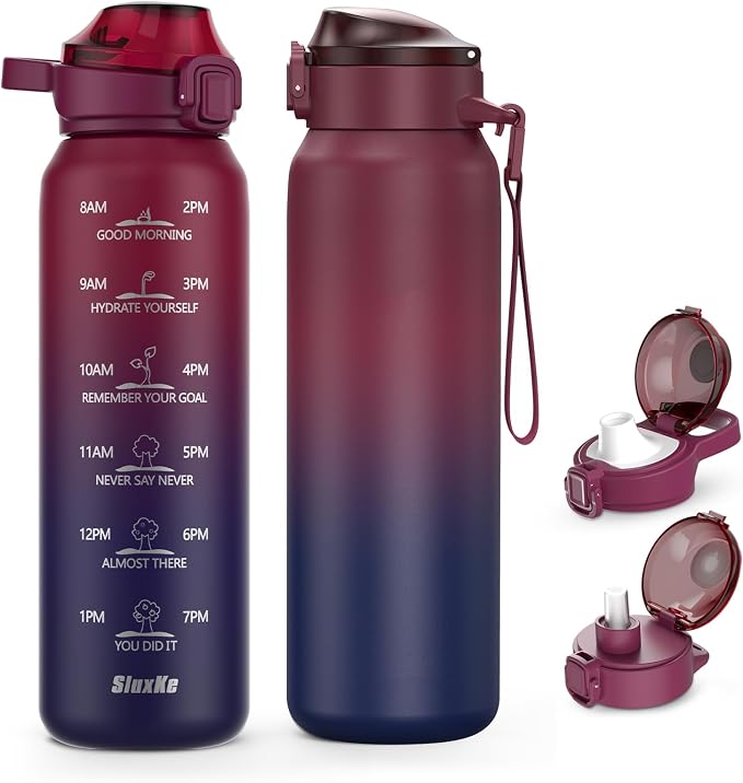 SLUXKE Insulated Water Bottle 24oz, Double Wall Vacuum 18/10 Stainless Steel Bottle with 2Lids, Leak Proof & BPA-Free, 700ml Hydro Water Flask with Handle & Straw Spout Lids RED BLACK