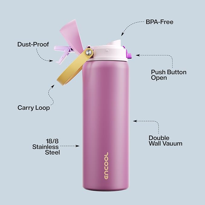 Insulated Water Bottle with Straw - Encool Stainless Steel Water Bottle with Push Button Lid, Leak-Proof & BPA-Free, Keeps Cold for 24 Hours for Sports, Travel, Gym (32 oz, Light Orchid-Fuchsia)