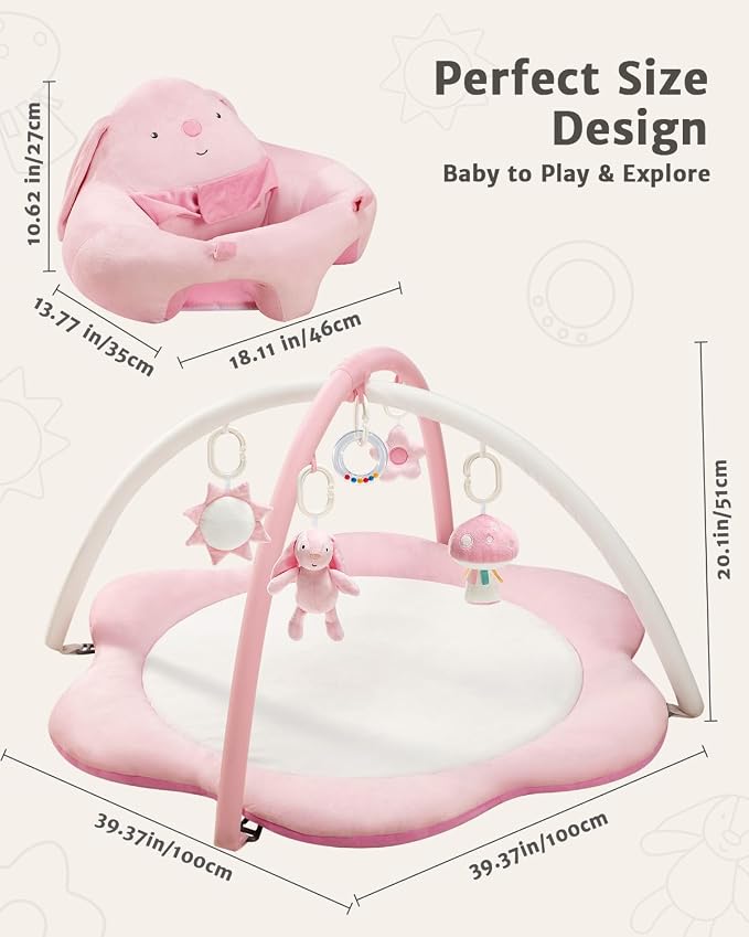 suihuooo 3-in-1 Baby Play Mat, Baby Seats for Infants for Sitting Up, Tummy Time Mat with 5 Detachable Toys, Activity Gym & Playmats for Babies 0-6 6-12 Months, Newborn Babies Shower Gifts