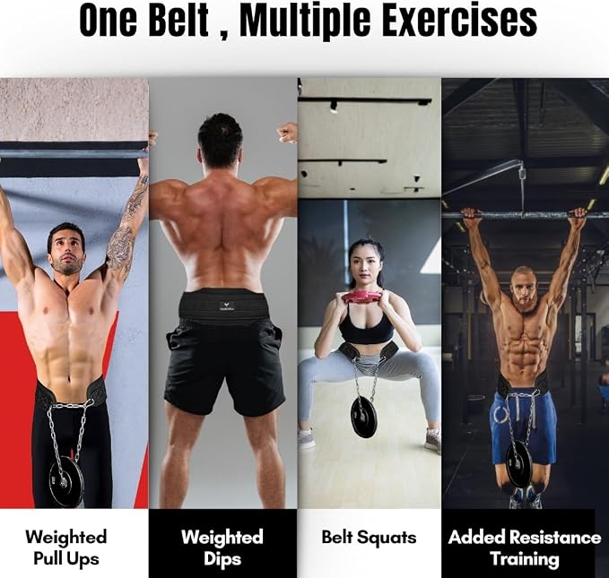 Dip Belt with Chain – Weighted Pull Up Belt, Dip Weight Belt, Weightlifting Belt for Pullups, Squats, and Dips, Belt Squat Attachment Ideal Weight Belt for Pullups, Weightlifting, and Gym Workouts (Black)