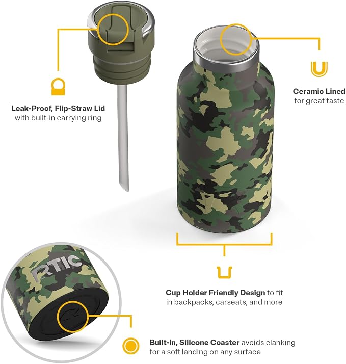 RTIC Little Journey Water Bottle with Straw, Ceramic-Lined, Insulated, Stainless Steel, Metal, Double Wall Vacuum-Insulation, Leak-Proof Lid, BPA-Free Water Flask for Sports, Travel, Digital Camo