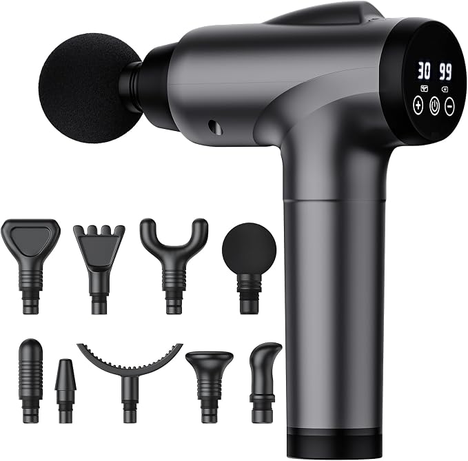 OLsky Massage Gun Deep Tissue 30 Speeds 9 Attachments Handheld (Grey) | Electric Muscle Massager, High-intensity Percussion, Massage Device for Pain Relief, Quiet and Powerful, Ideal for Recovery