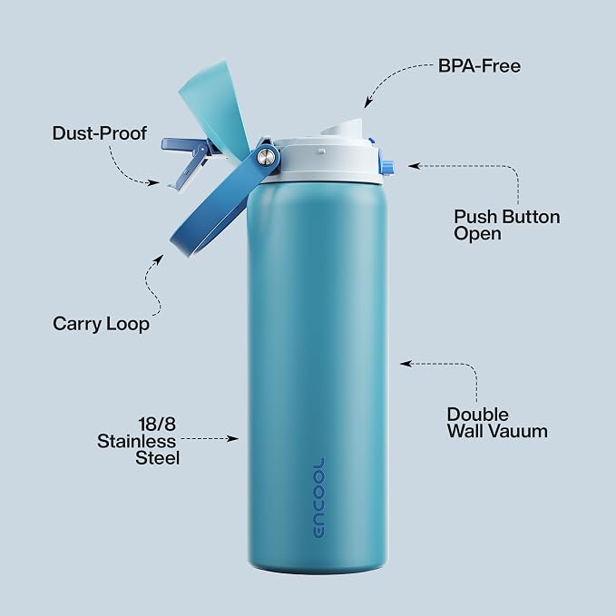 Insulated Water Bottle with Straw - Encool Stainless Steel Water Bottle with Push Button Lid, Leak-Proof & BPA-Free, Keeps Cold for 24 Hours for Sports, Travel, Gym (32 oz, Silk Blue)