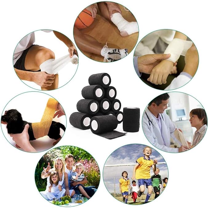 12 Rolls Elastic Self Adhesive Bandage Wrap 3 Inch, Breathable Non Woven Cohesive Bandage, Vet Wrap for Dogs, Ankle Sprains Swelling Tape, Sports Athletic Tape Black