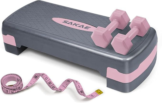 Adjustable Height Aerobic Stepper Set, Multiple Bundle Options with Dumbbells, Kettlebell, Waist Trimmer, Ankle Weights or Weighted Vest, Workout Exercise Step Platform w/Level Risers, 4 Colors
