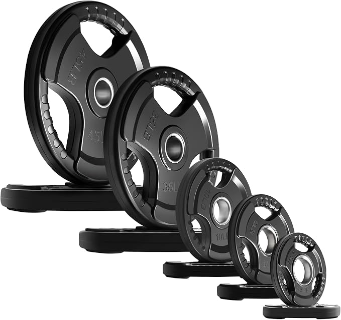 RitFit Olympic Rubber Grip Weight Plates, 2-Inch Barbell Set | Solid Iron Core, Rubber Coated, 2-Inch Olympic Bar Compatible, 3-Hole Grip, 2.5LB to 45LB Weight Options