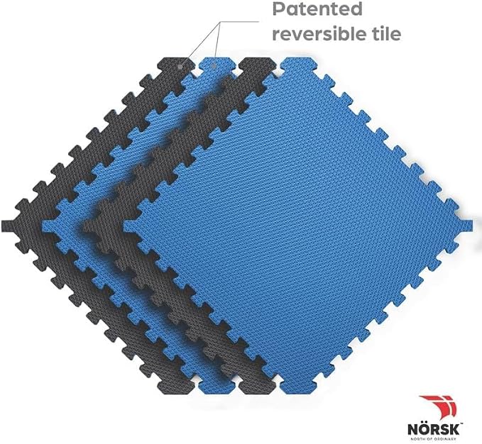 Reversible Exercise Mats 3/4" Thick EVA Interlocking Foam Tiles, Perfect Home Gym Flooring, 4 Tiles & 8 Trim Pieces, 16 Sq. Ft. 24"x24" Dazzling Blue/Black