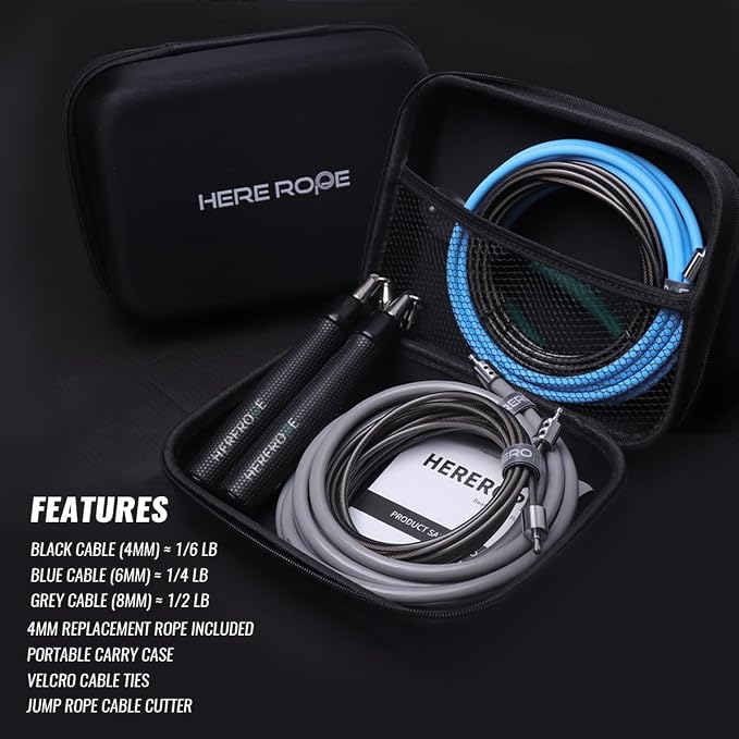 HEREROPE Weighted Jump Rope for Men Women Interchangeable 1/6lb 1/4lb 1/2lb Heavy Jump Rope- Adjustable Length, Tangle Free, Smooth Ball Bearing, Anti-slip Grip, Skipping Rope for Weight Loss