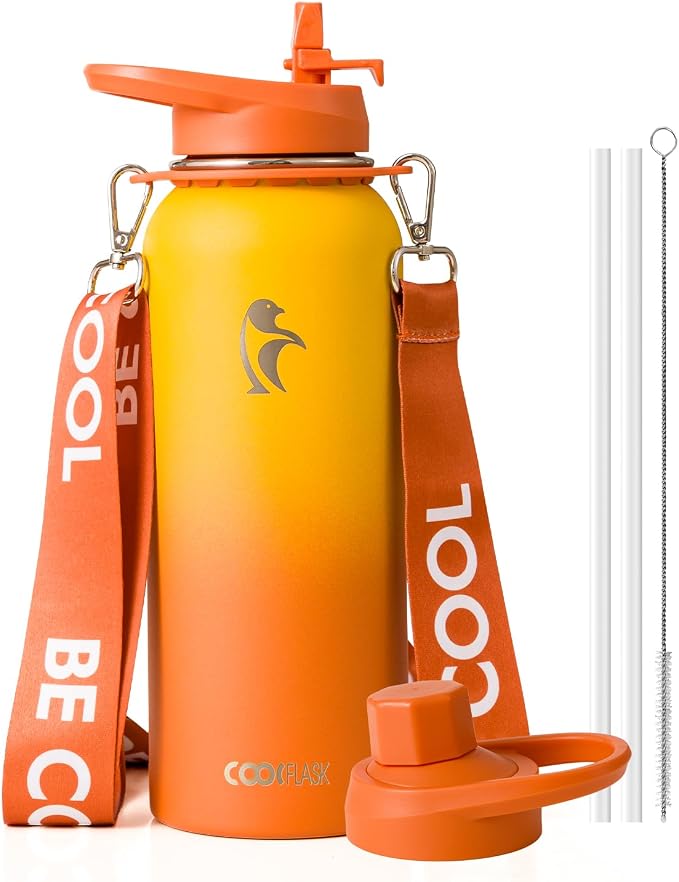 Coolflask 40 oz Water Bottle Insulated Stainless Steel with Strap | Metal Water Flask with Straw & Spout Lids, Triple-Wall, Cold 48+h, Dishwasher Safe, Leakproof, BPA-Free, for Gym & Hiking