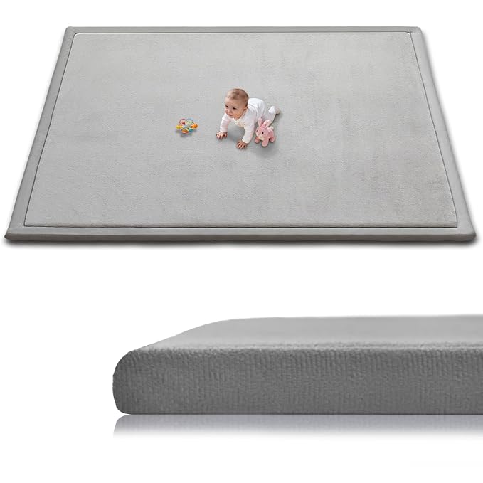 Baby Play Mat for Floor, 118'' x 79'' Thicken Foam Soft Padded Playmat for Tummy Time, Playpen Mat for Toddlers Infant, Water-Repellent Coral Velvet, Non-Slip Bottom Safe for Crawling (Light Grey)