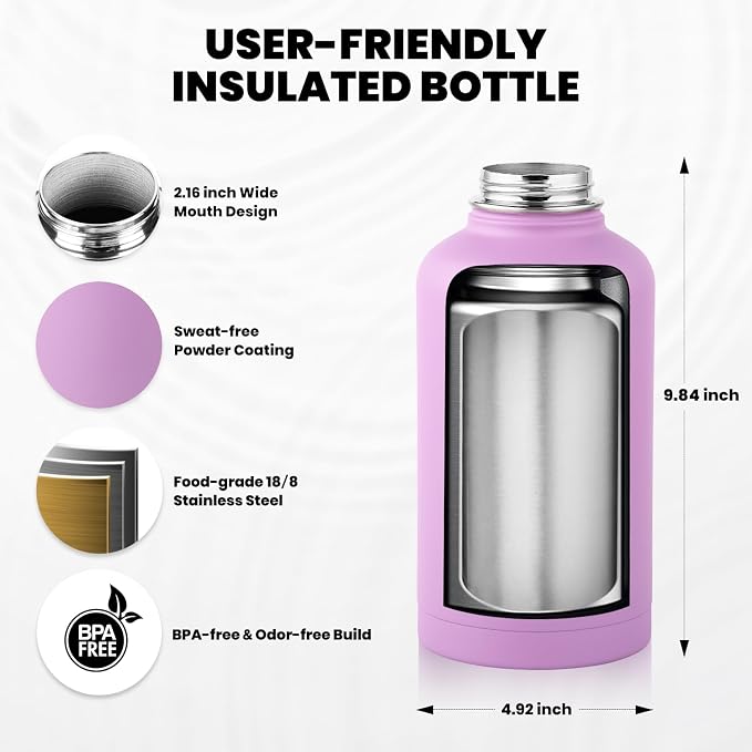 RAYMYLO Insulated Water Bottle 64 oz, Triple Wall Vacuum Stainless Steel | (Cold for 48 Hrs), Leak Proof & Non-BPA, Half Gallon Water Flask Jug with Paracord Handle & Straw Spout Lids, Lilac