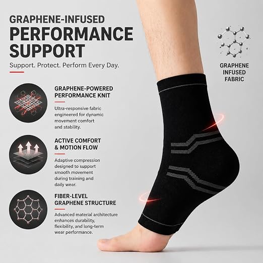 ABIRAM Graphene Ankle Brace Compression Sleeve with Adjustable Strap | Premium Ankle Stability Support, Breathable Compression Fabric, Ideal for Running, Basketball, Gym, Training & Daily Wear