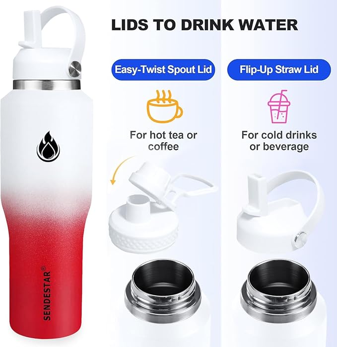 SENDESTAR 40oz Stainless Steel Water Bottle(Cold for 48 Hrs, Hot for 24 Hrs),Double Wall Vacuum Insulated Bottle with Straw Lid, Spout Lid and Flex Cap, Fit in Any Car Cup Holder