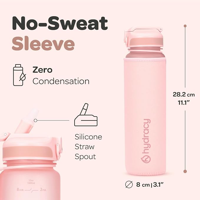 Hydracy Motivational Water Bottle with Time Marker and Straw Lid 32 oz | Leakproof,BPA Free,No Sweat Neoprene Sleeve,Carry Strap,Daily Intake Tracking for Fitness & Outdoors